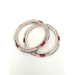 Vintage Bangle Bracelets 2pc Red & Green Rhinestones White Beads Holiday Jewelry